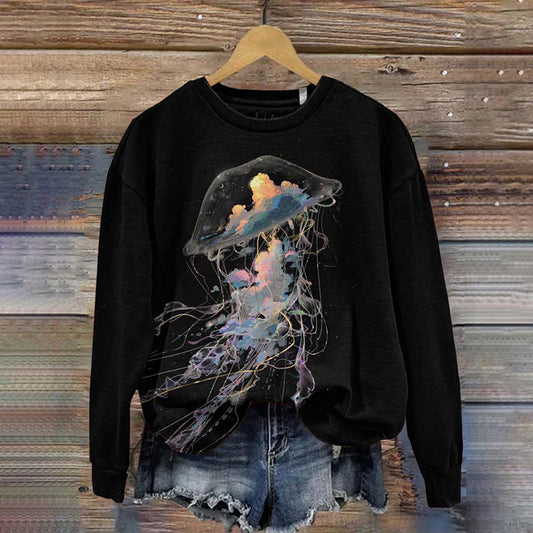 Women Luminous Jellyfish Print Casual Long Sleeve Sweatshirt