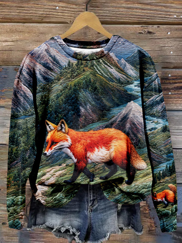 Foxes Embroidery Art Crew Neck Comfy Sweatshirt