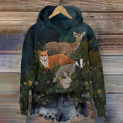 Women's Winter Fox And Elk Art Print Hooded Sweatshirt