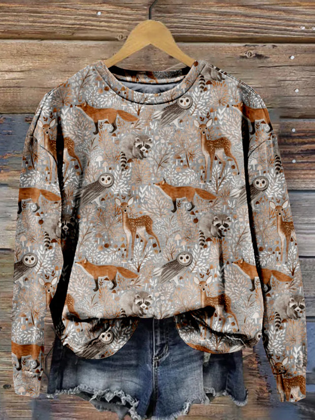 Forest Animals Pattern Print Comfy Sweatshirt