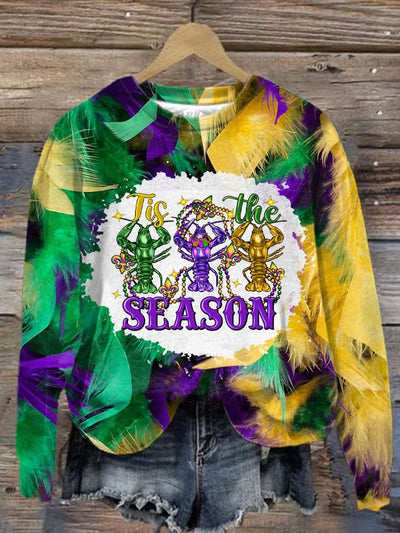 Women's Tis The Season Crawfish Mardi Gras Print Round Neck Sweatshirt