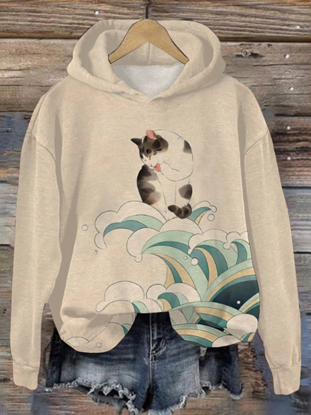 Women's Cat And Sea Wave Print Casual Interest Sweatshirt