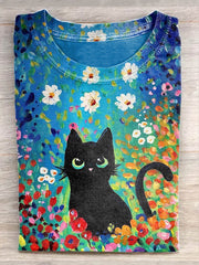 Unisex Floral Cat Print Casual Short Sleeve T-Shirt