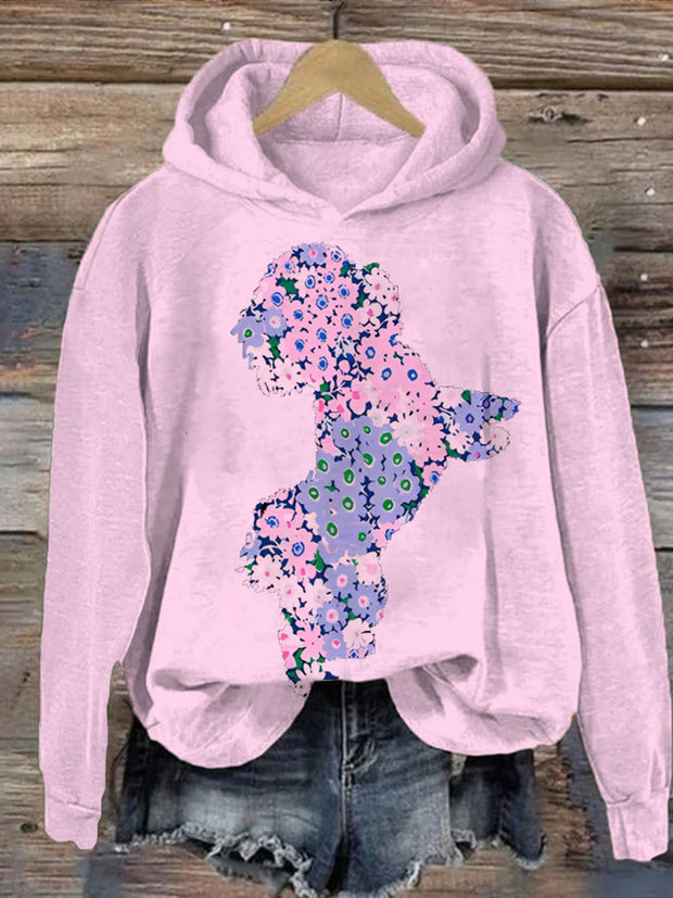 Women's Loose Casual Cute Puppy Floral Print Hoodie