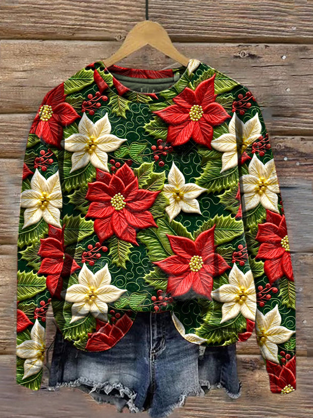 Christmas Flower Holly Embroidered Pattern Printed Casual Sweatshirt