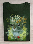Squirrel lady wearing flower hat casual printed round neck T-shirt