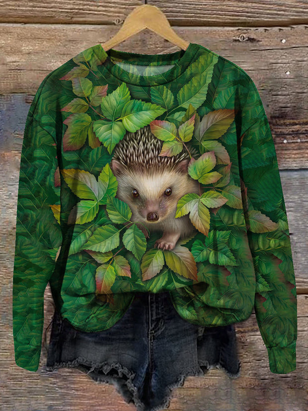 Unisex Jungle Hedgehog Art Print Crew Neck Long Sleeve Sweatshirt