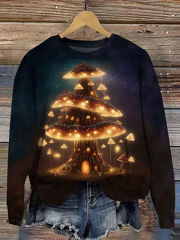 Unisex Mushroom Treehouse Illustration Casual Sweatshirt
