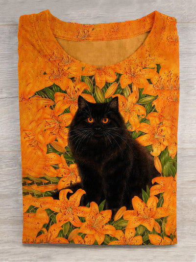 Unisex Cat and Flower Art Print Round Neck Short Sleeve T-Shirt