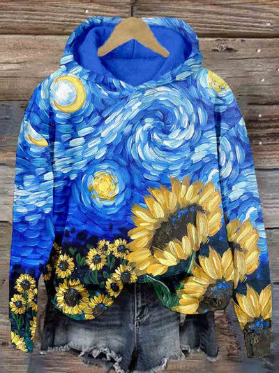 Women's Loose Casual Sunflower Oil Painting Floral Print Hoodie
