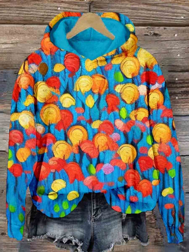 Women's Loose Casual Oil Painting Floral Print Hoodie