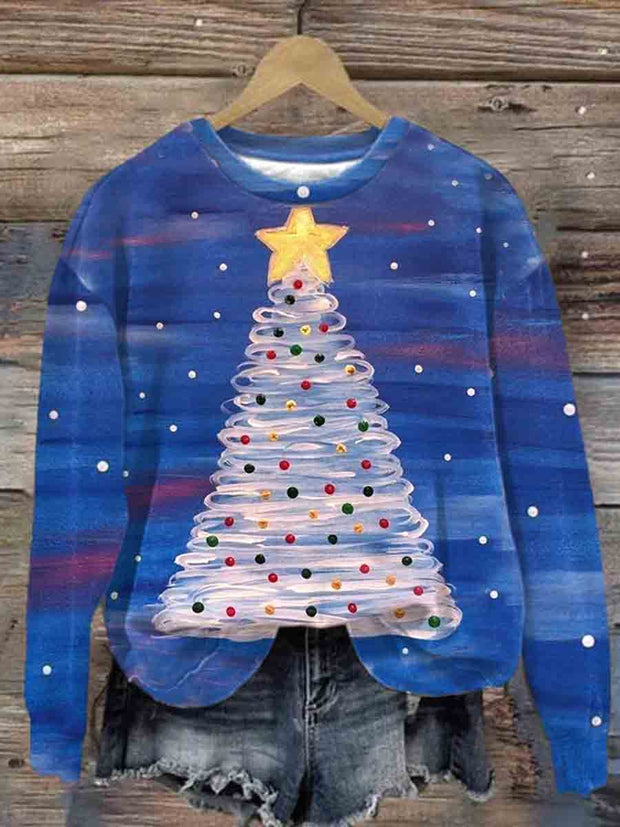 Women's Loose Oil Painting Christmas Tree Print Sweatshirt