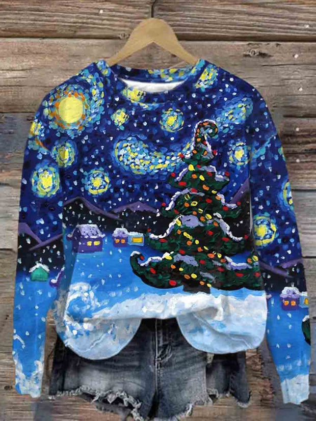 Women's Loose Oil Painting Christmas Tree Print Sweatshirt