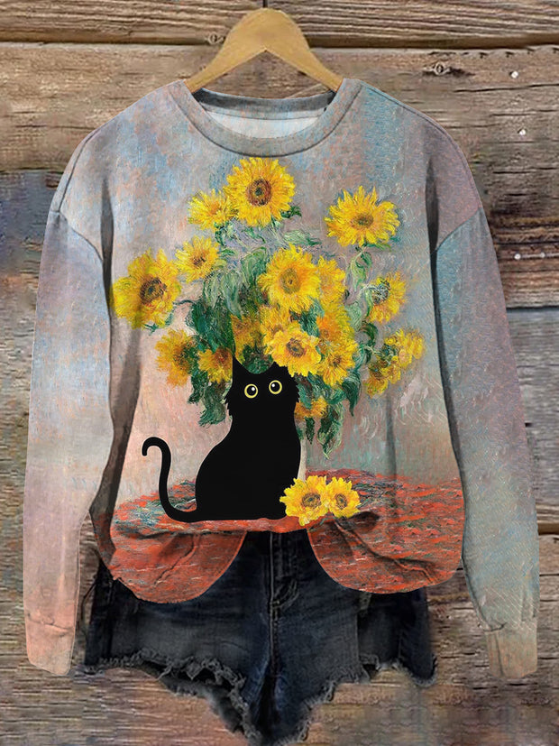 Unisex Cat and Sunflower Art Long Sleeve Sweatshirt