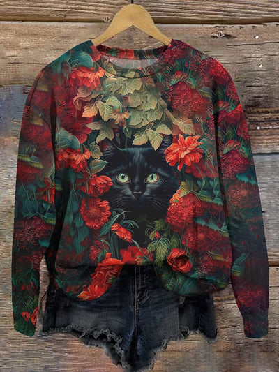 Cat and red flower print casual unisex sweatshirt
