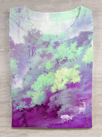 Unisex Forest Deer Illustration Series Art Print Short Sleeve T-Shirt