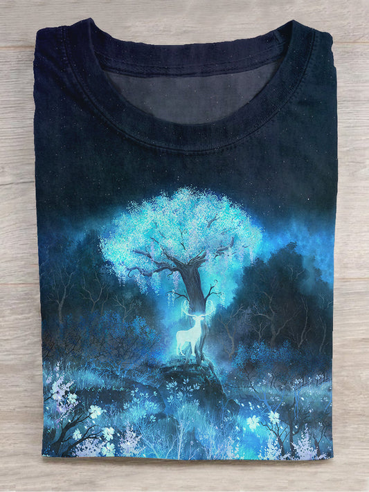 Unisex Forest Deer Illustration Series Art Print Short Sleeve T-Shirt