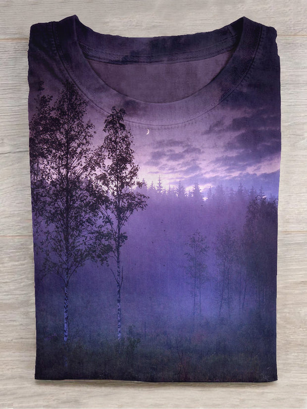 Unisex Purple Sunset Art Print Round Neck Short Sleeve T-Shirt