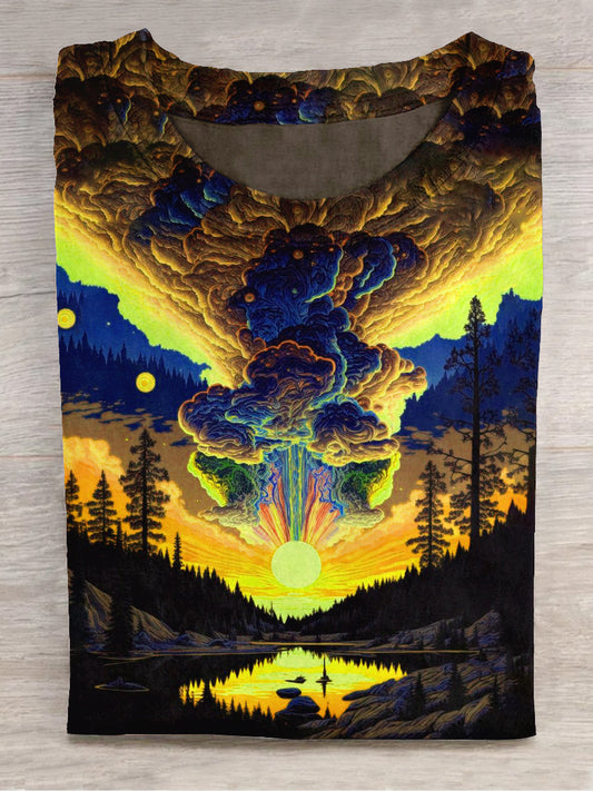 Unisex sunset forest art print crew neck short sleeve T-shirt