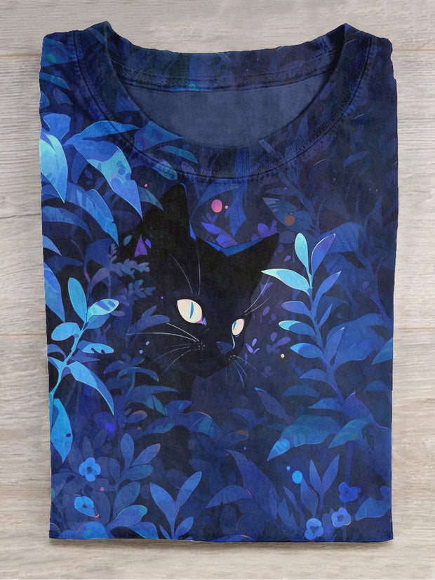 Unisex Blue World Black Cat Art Print Crew Neck T-Shirt