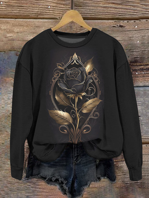 Unisex Vintage Rose Art Print Crew Neck Long Sleeve Sweatshirt