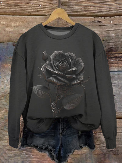 Unisex Vintage Rose Art Print Crew Neck Long Sleeve Sweatshirt