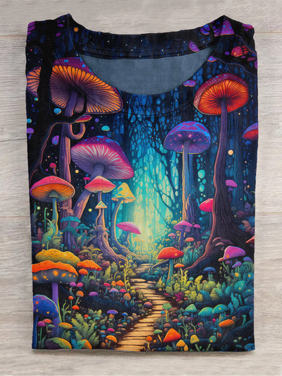 Unisex Elf's Mushroom Forest Art Illustration Printed Round Neck Short Sleeve T-Shirt