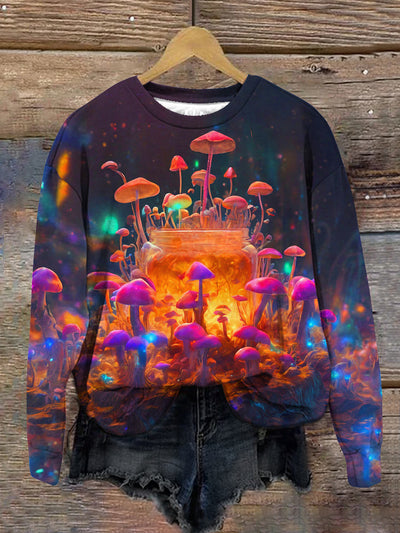 Unisex Elf Mushroom Art Print Crew Neck Long Sleeve Sweatshirt