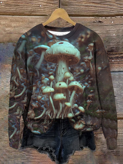 Unisex Mushroom Art Print Crew Neck Long Sleeve Sweatshirt