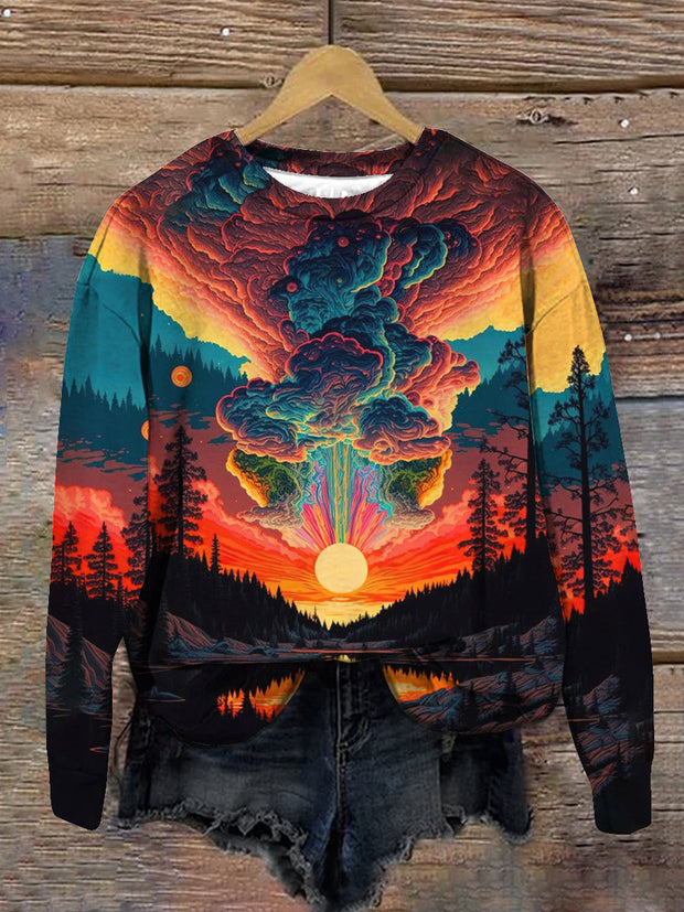 Unisex Sunset Forest Art Print Crew Neck Long Sleeve Sweatshirt