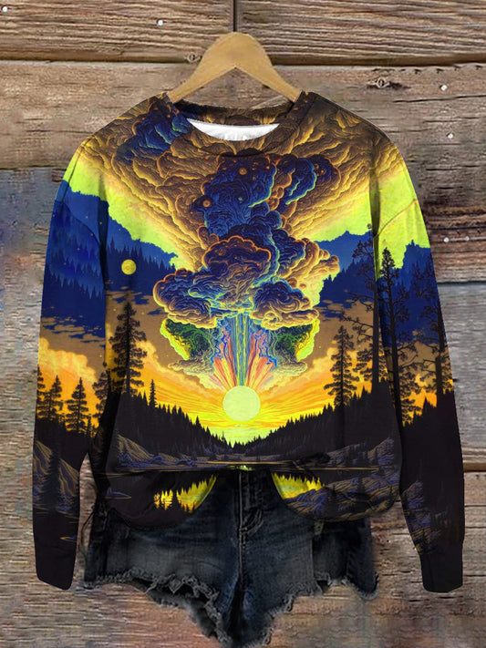 Unisex Sunset Forest Art Print Crew Neck Long Sleeve Sweatshirt