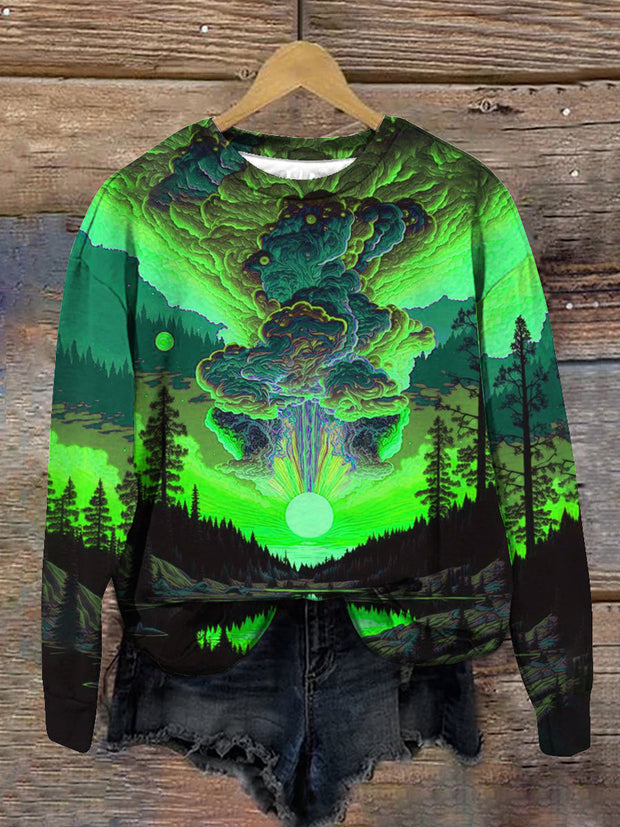 Unisex Sunset Forest Art Print Crew Neck Long Sleeve Sweatshirt