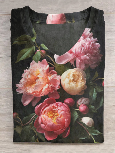 Unisex Floral Art Print V-Neck Short Sleeve T-Shirt