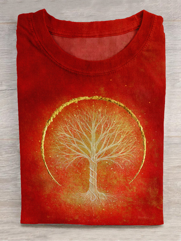 Unisex World Tree Art Print Round Neck Short Sleeve T-Shirt