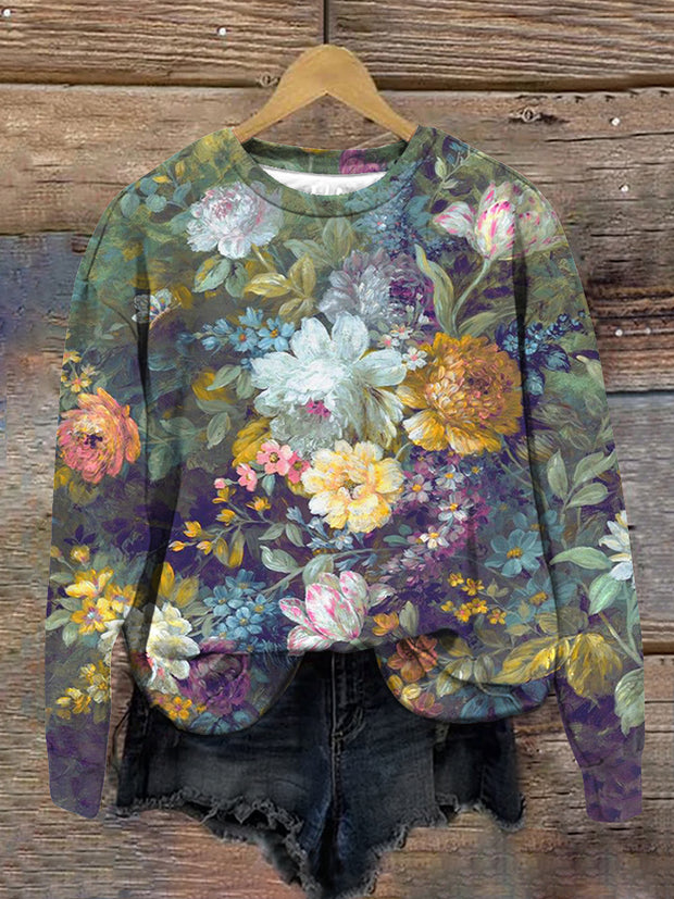 Unisex Vintage Floral Art Print Crew Neck Long Sleeve Sweatshirt
