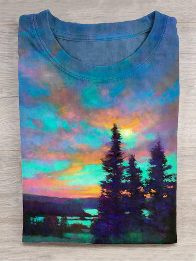 Unisex landscape oil painting art print crew neck T-shirt
