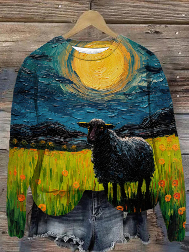 Unisex Black Goat Landscape Oil Painting Abstract Print Sweatshirt