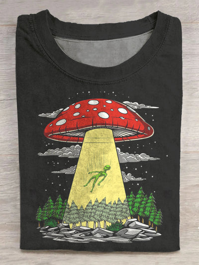 Unisex Mushroom Spaceship Abstract Print T-Shirt