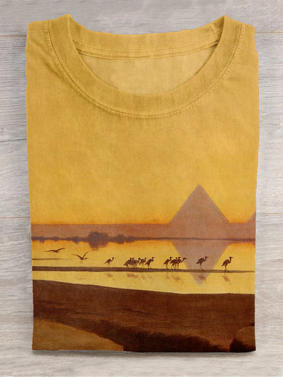 Unisex Pyramid Landscape Art Print Crew Neck T-Shirt