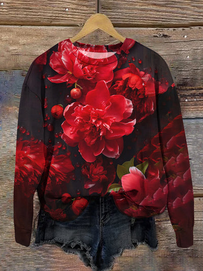 Unisex Red Floral Art Casual Crew Neck Long Sleeve Sweatshirt
