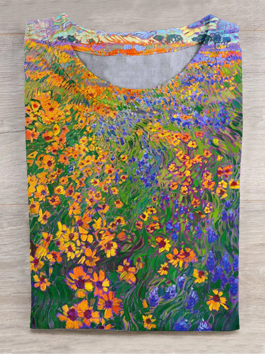 Unisex Flower Landscape Series Art Print Round Neck T-Shirt