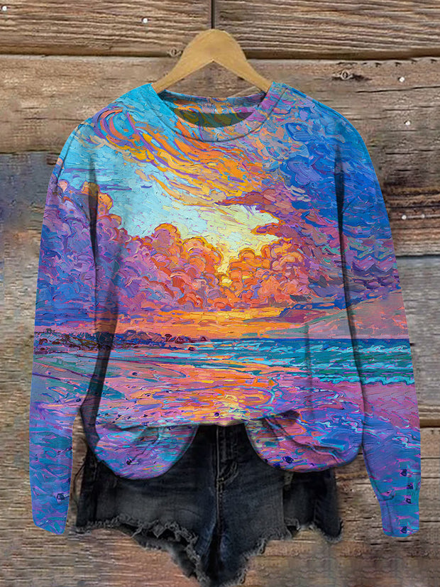 Unisex Sunset Beach Art Print Crew Round Neck Long Sleeve Sweatshirt