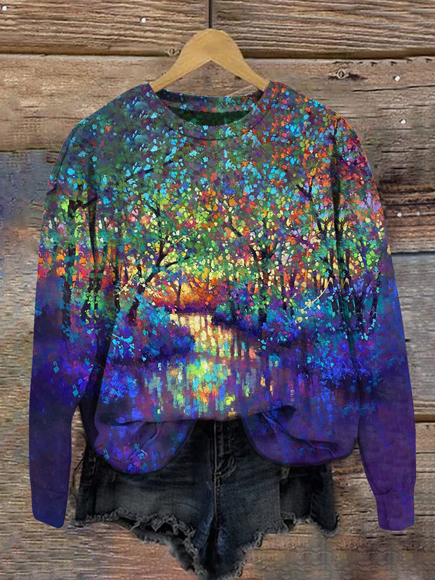 Unisex Purple Mystical Forest Landscape Art Print Round Neck Long Sleeve Sweatshirt