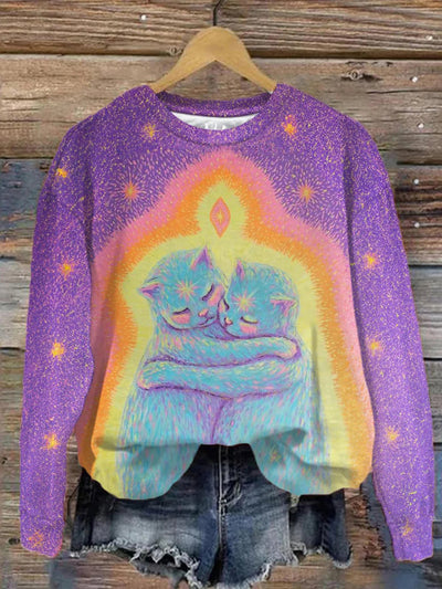 Unisex Cat Hug Abstract Print Sweatshirt