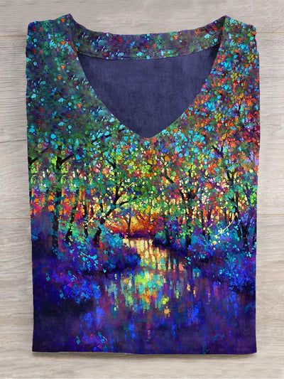 Unisex Purple Forest Art Print V-Neck Short-Sleeved T-Shirt