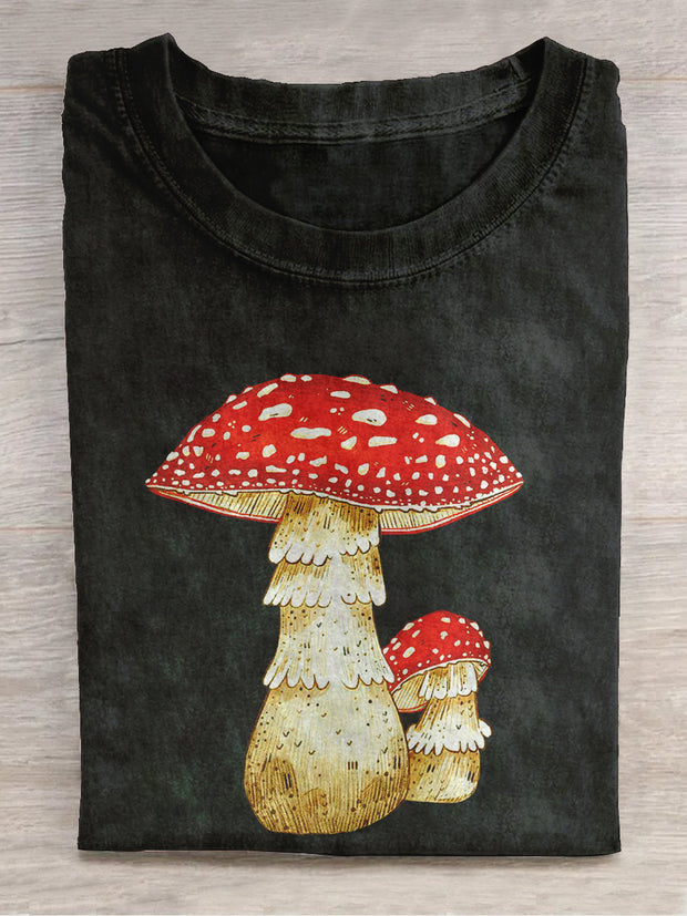 Unisex Red Mushroom Art Illustration Print Round Neck Short Sleeve T-Shirt