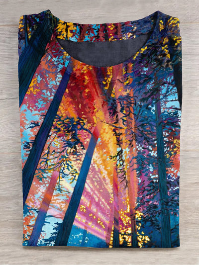 Unisex Forest Light Landscape Art Illustration Round Neck Short Sleeve T-Shirt