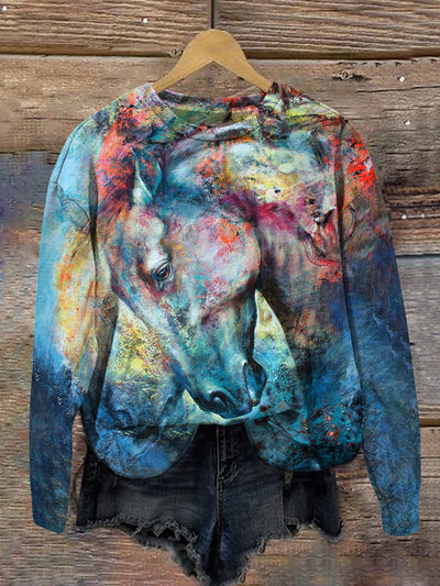 Unisex Art Illustration Horse Print Crew Neck Long Sleeve Sweatshirt