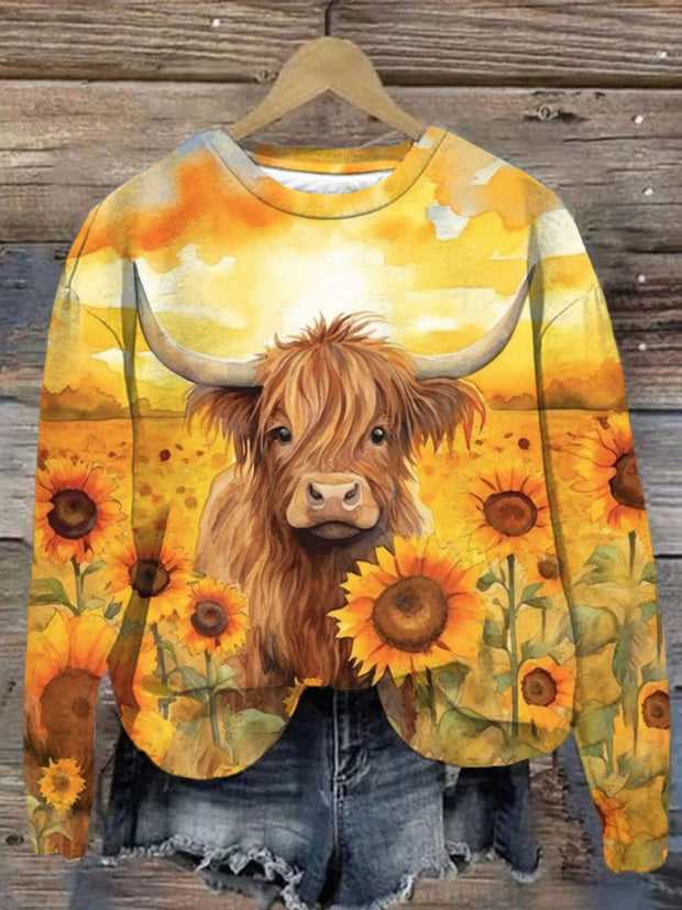 Unisex Highland Cow Sunflower Abstract Print Sweatshirt