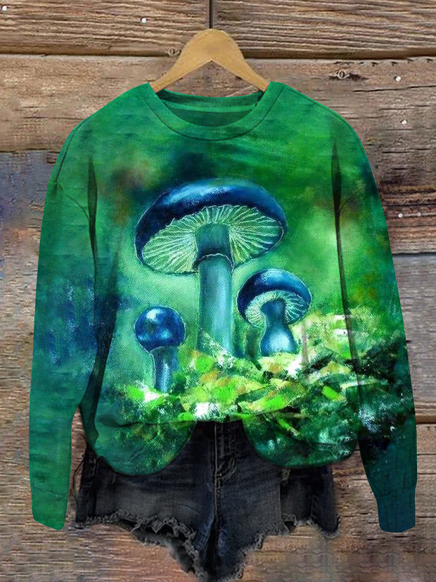 Unisex Green Mushroom Art Print Crew Neck Long Sleeve Casual Sweatshirt